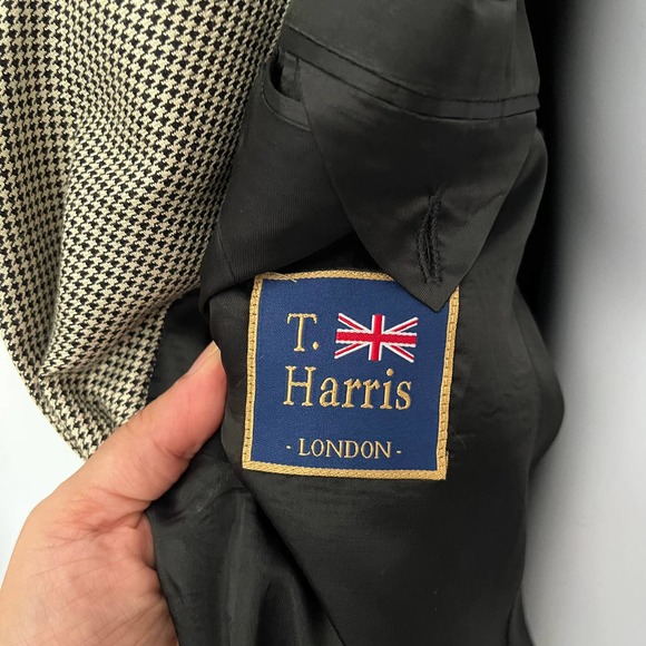 T Harris London Sport Coat Mens Blazer Size 46L Houndstooth Silk Wool Tan - Picture 9 of 13